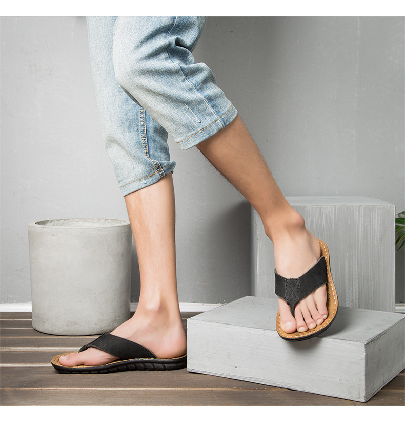 Summer New Men's Casual Leather Sandals Beach Shoes Flip Flops