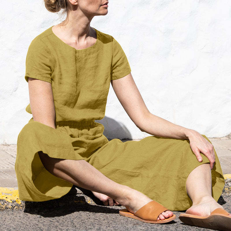 Plain Short Sleeve Linen Jumpsuit