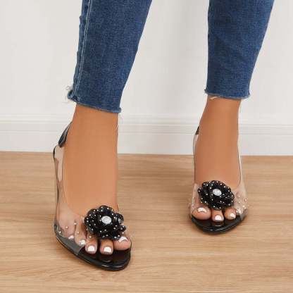 Women's Clear Flower Rhinestone Sparkly Slingback Heels Wedge Sandals