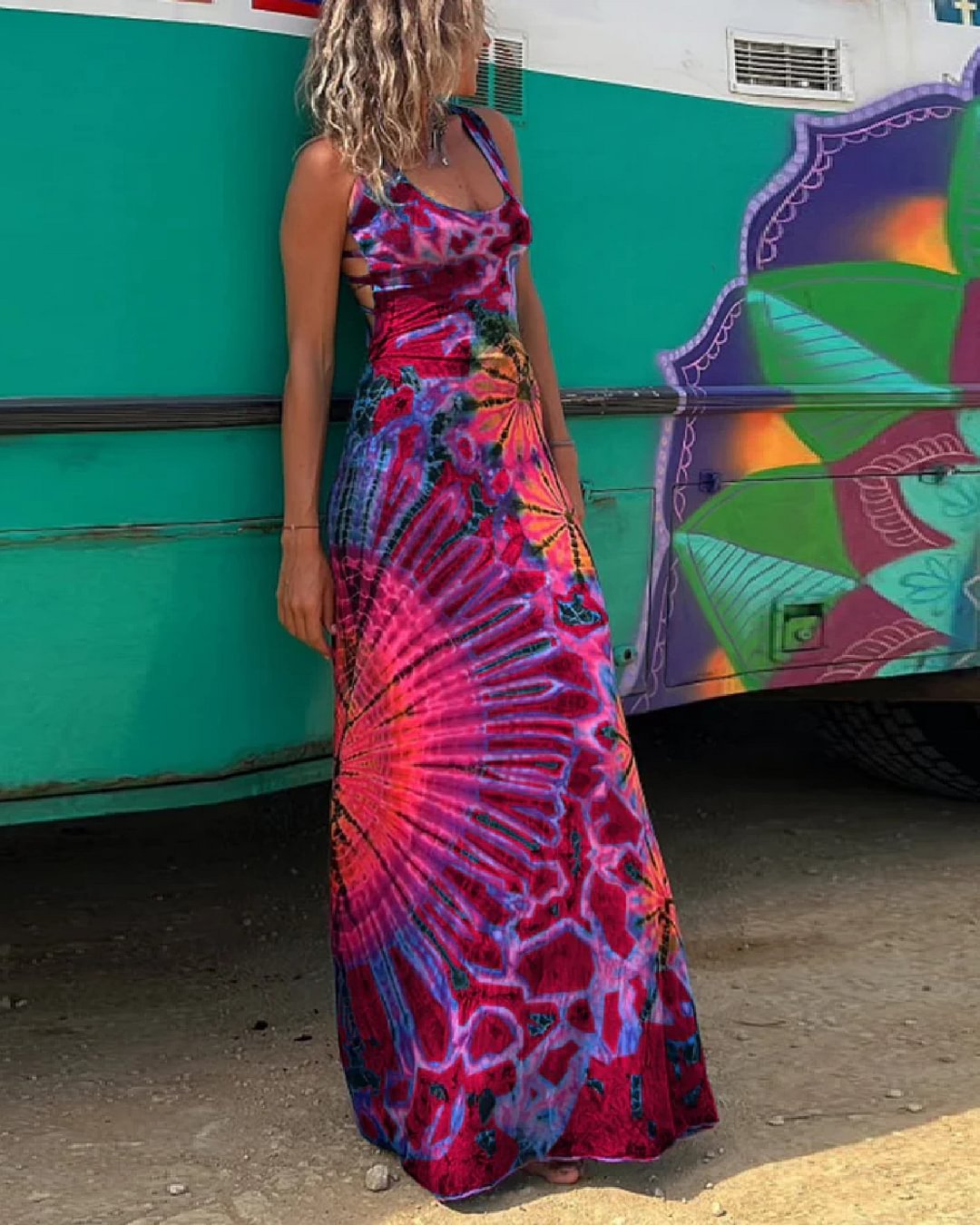 Lace-Up Tie Dye Maxi Dress