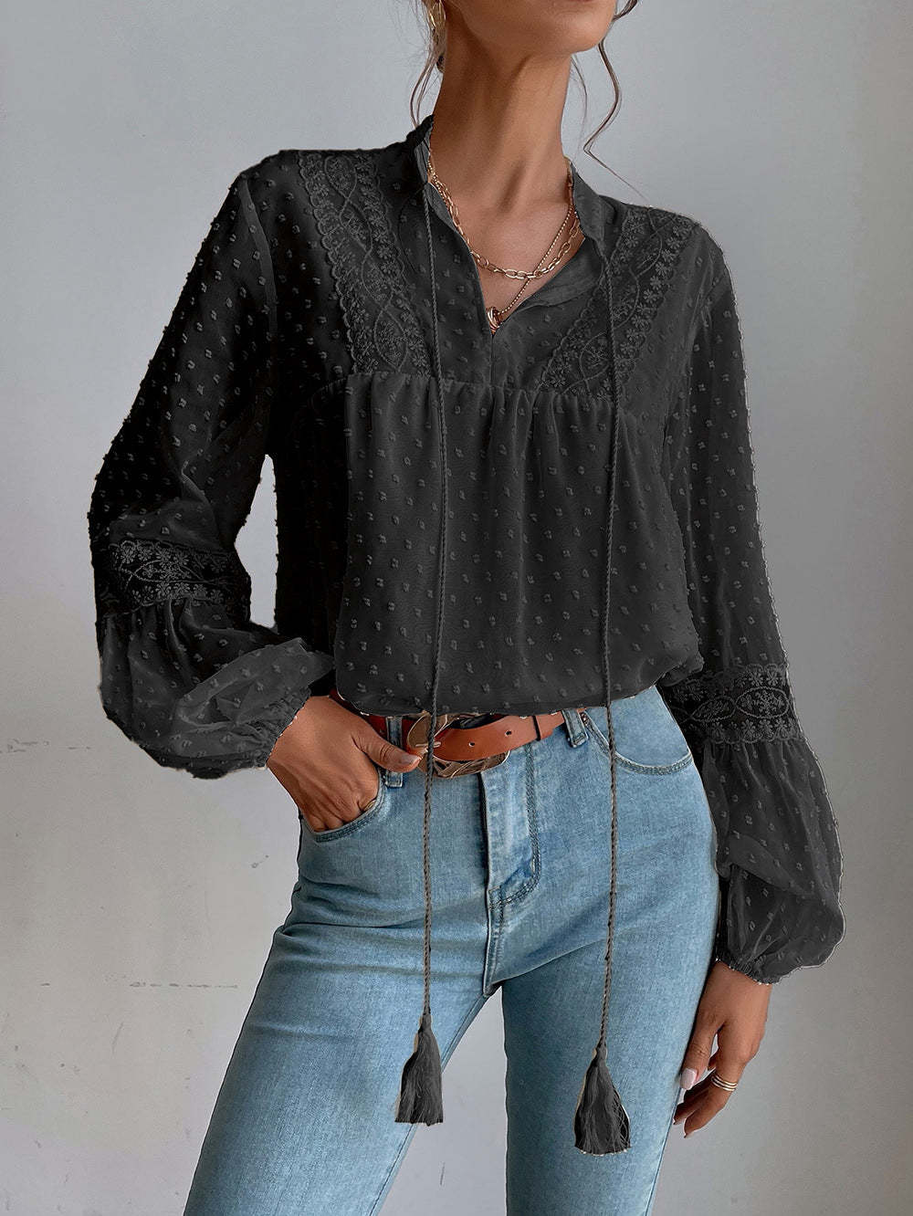 Lace blouse with long sleeves and V-neck