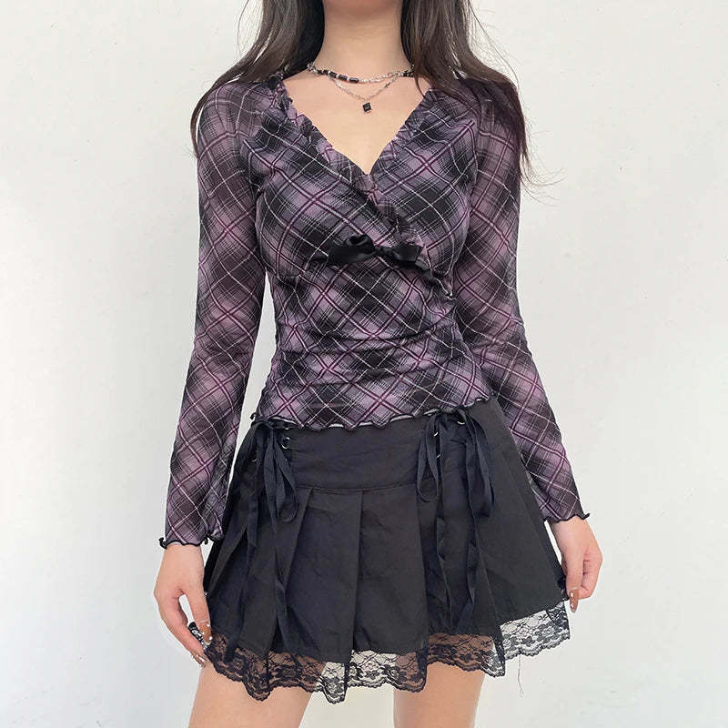 Plaid Ruffle Trim Blouse