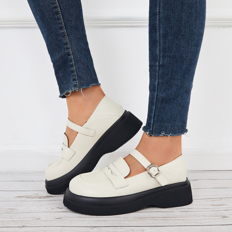 Round Toe Platform Mary Jane Loafers Buckle Strap Uniform Shoes