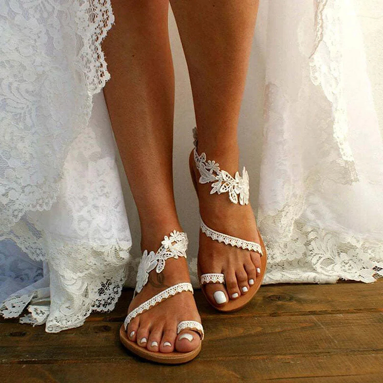 Women White Lace Boho Flat Sandals Beach Wedding Sandals Flower Pattern Slippers