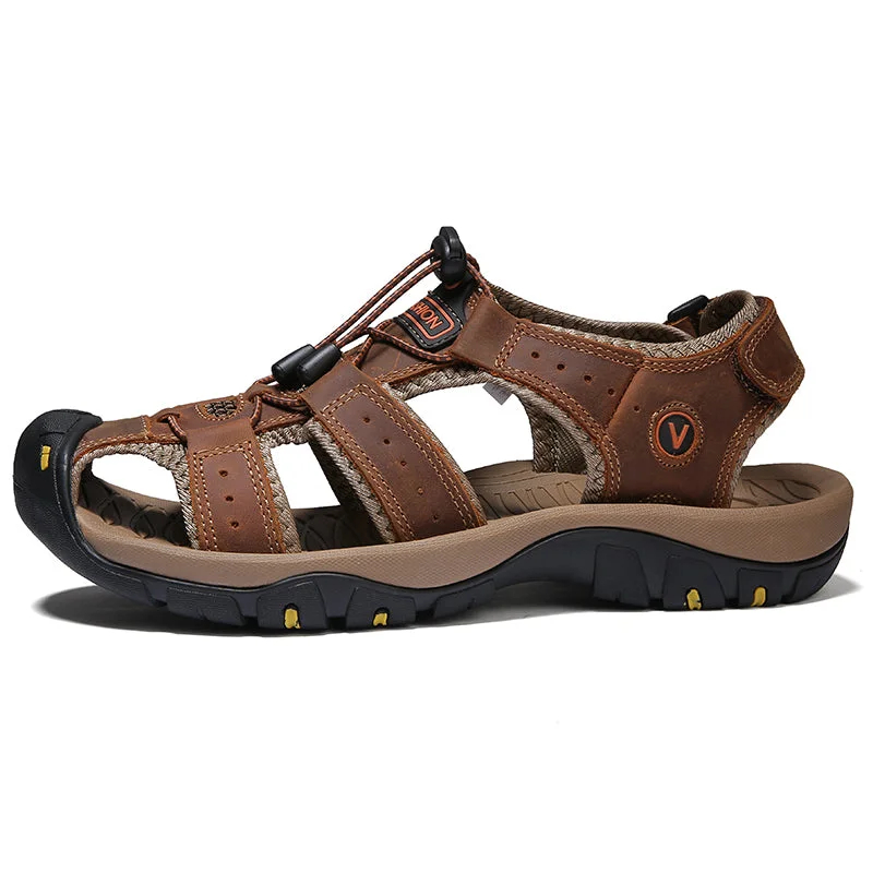 Men Summer Beach Leather Sandals Closed Toe Hollow out Breathable Shoes