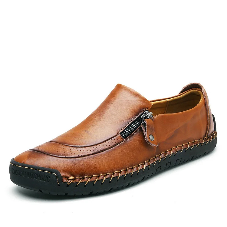 Men Hand Stitching Zipper Slip-ons Leather Shoes