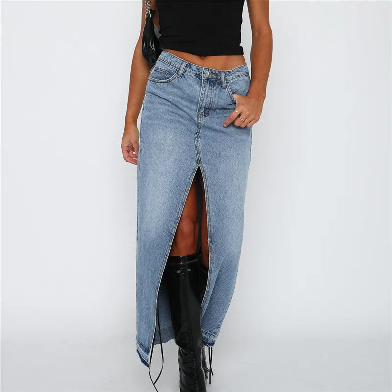 Slit-Front Denim Maxi Skirt