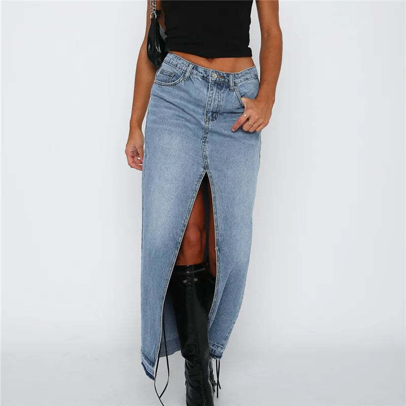 Slit-Front Denim Maxi Skirt