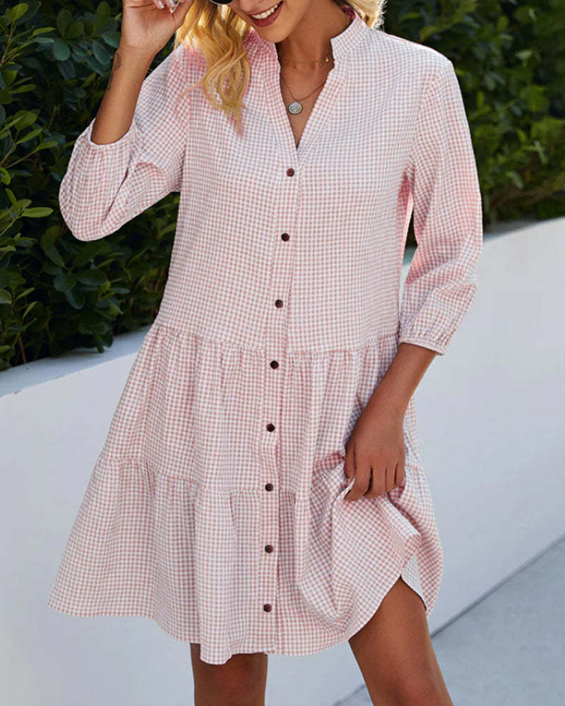 Elegant Checkered Tiered Shirt Dress