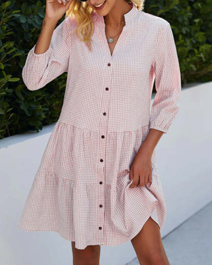 Elegant Checkered Tiered Shirt Dress