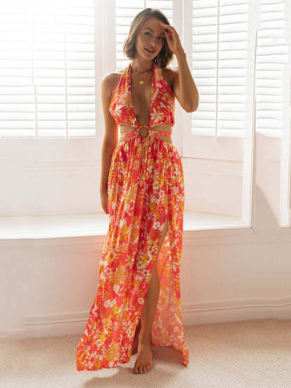 Floral Halter Split Dress