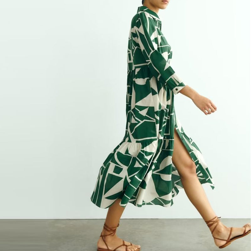 Geometric Bloc Print Long Shirt Dress