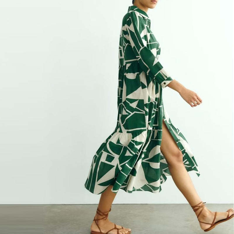 Geometric Bloc Print Long Shirt Dress