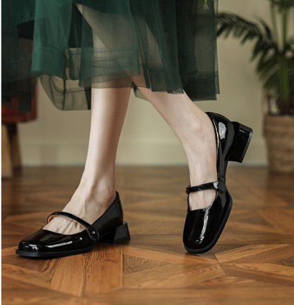 Handmade Patent Leather Mary Jane Pumps Block Heel Office Shoes