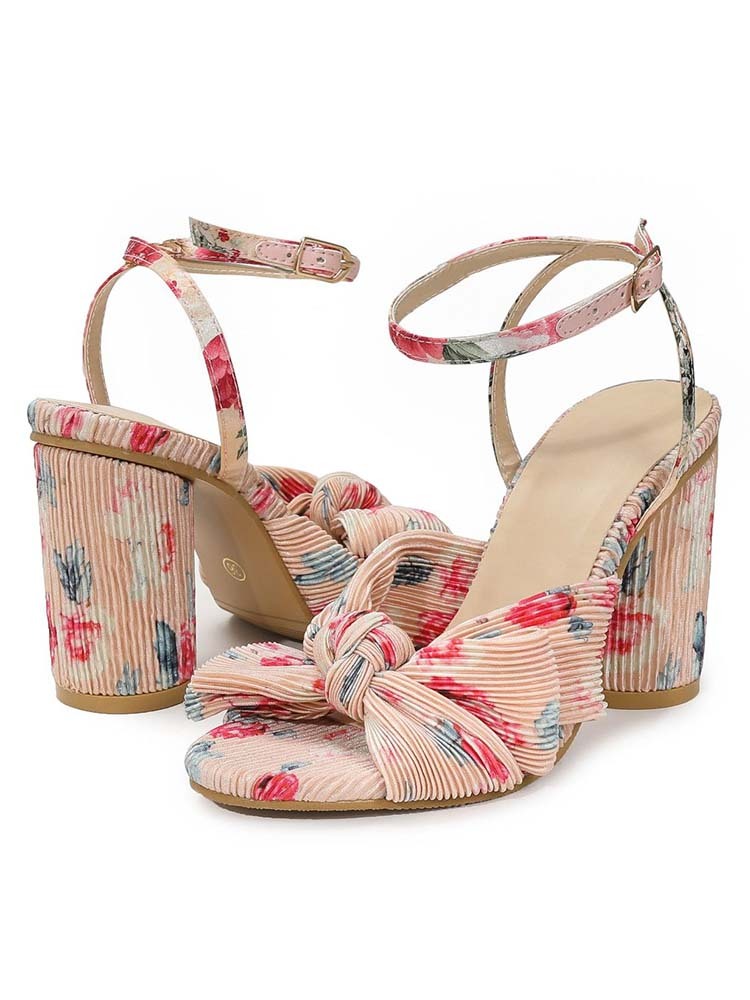 Women's Chunky Heel Pleated Bow Sandals
