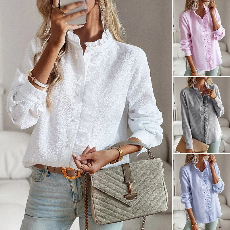 Ruffled Front Button-Up Blouse