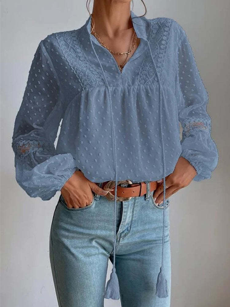 Lace blouse with long sleeves and V-neck
