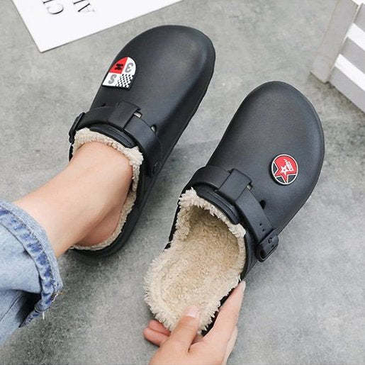 Men Fluffy Plush Slippers PU Winter Mule Clogs