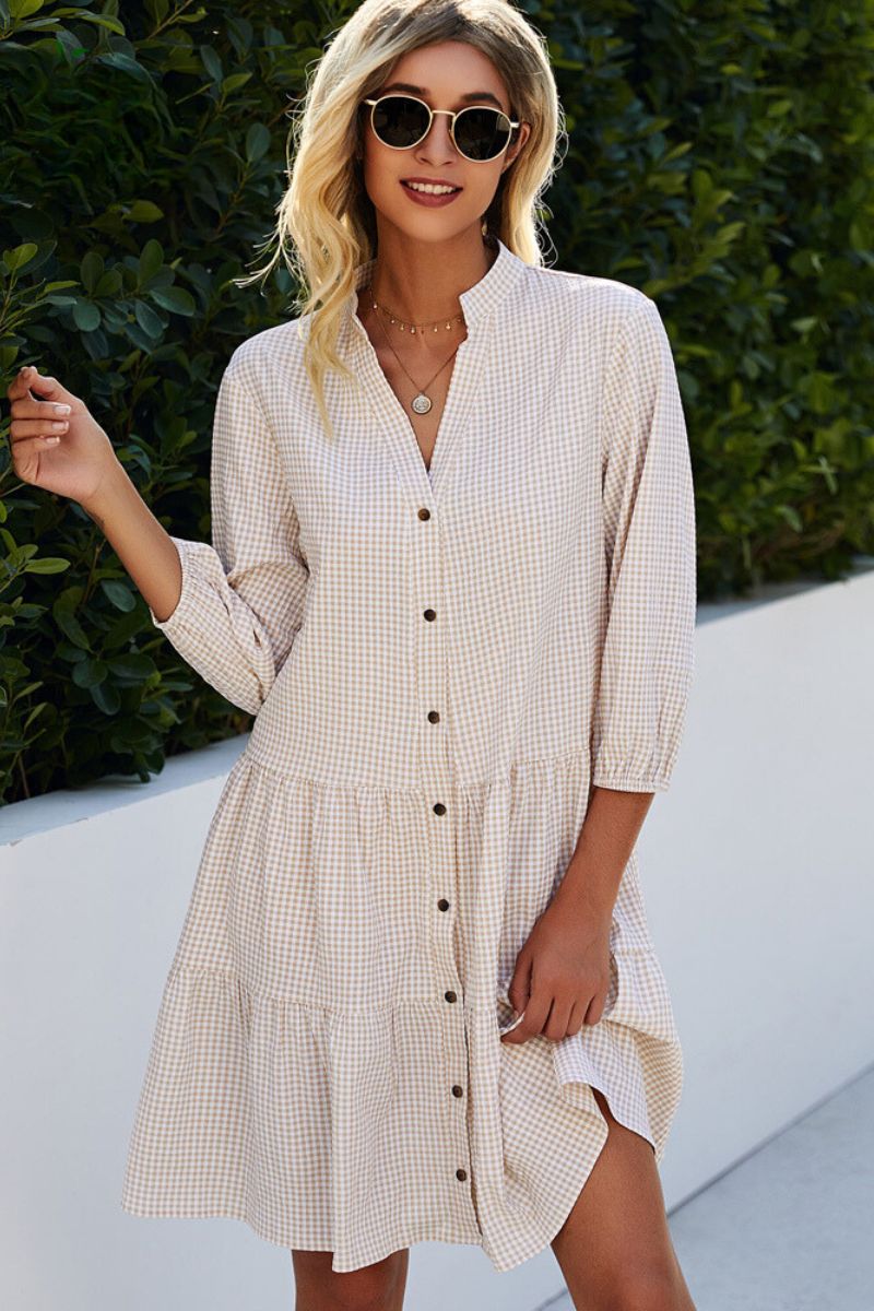 Checked Shirt Dress With Mao Collar