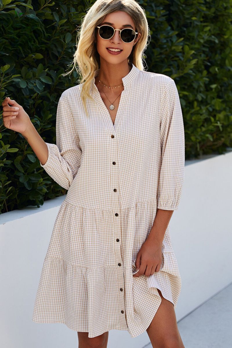 Checked Shirt Dress With Mao Collar