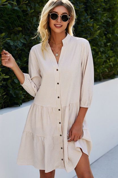Checked Shirt Dress With Mao Collar