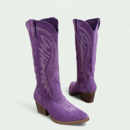Embroidered Western Cowboy Boots with Low Heel (Women)