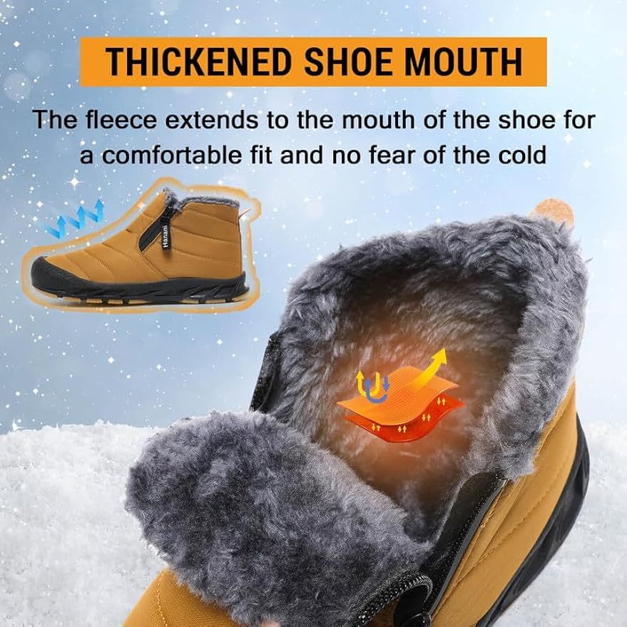 Warm Lined Snow Boots Zip Short Shaft Boots Flat Outdoor Comfortable Non-slip & Waterproof Winter Barefoot Shoe (Unisex)