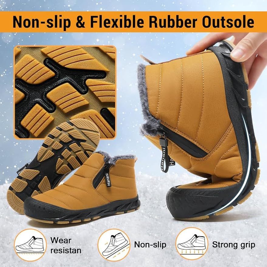 Warm Lined Snow Boots Zip Short Shaft Boots Flat Outdoor Comfortable Non-slip & Waterproof Winter Barefoot Shoe (Unisex)