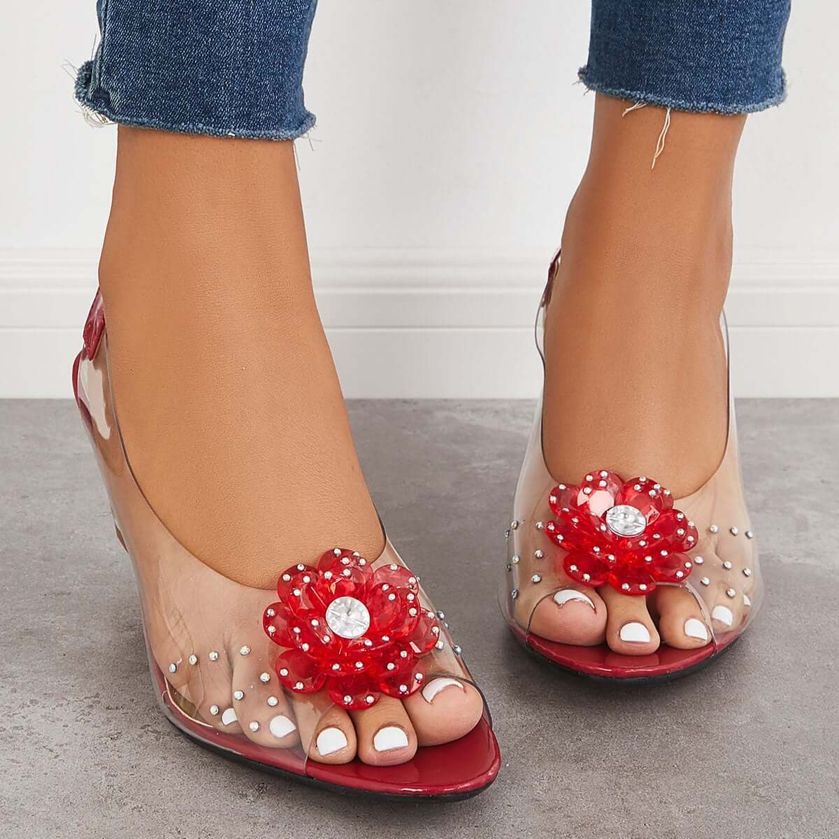 Women's Clear Flower Rhinestone Sparkly Slingback Heels Wedge Sandals