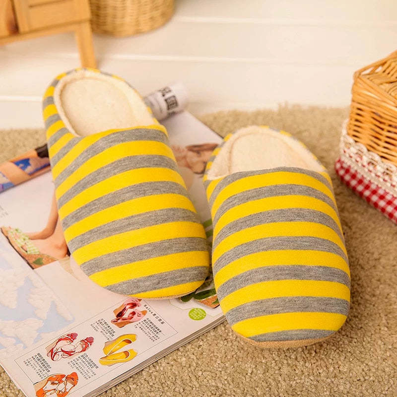 Women Warm Indoor Slippers Fur Striped Winter Slides