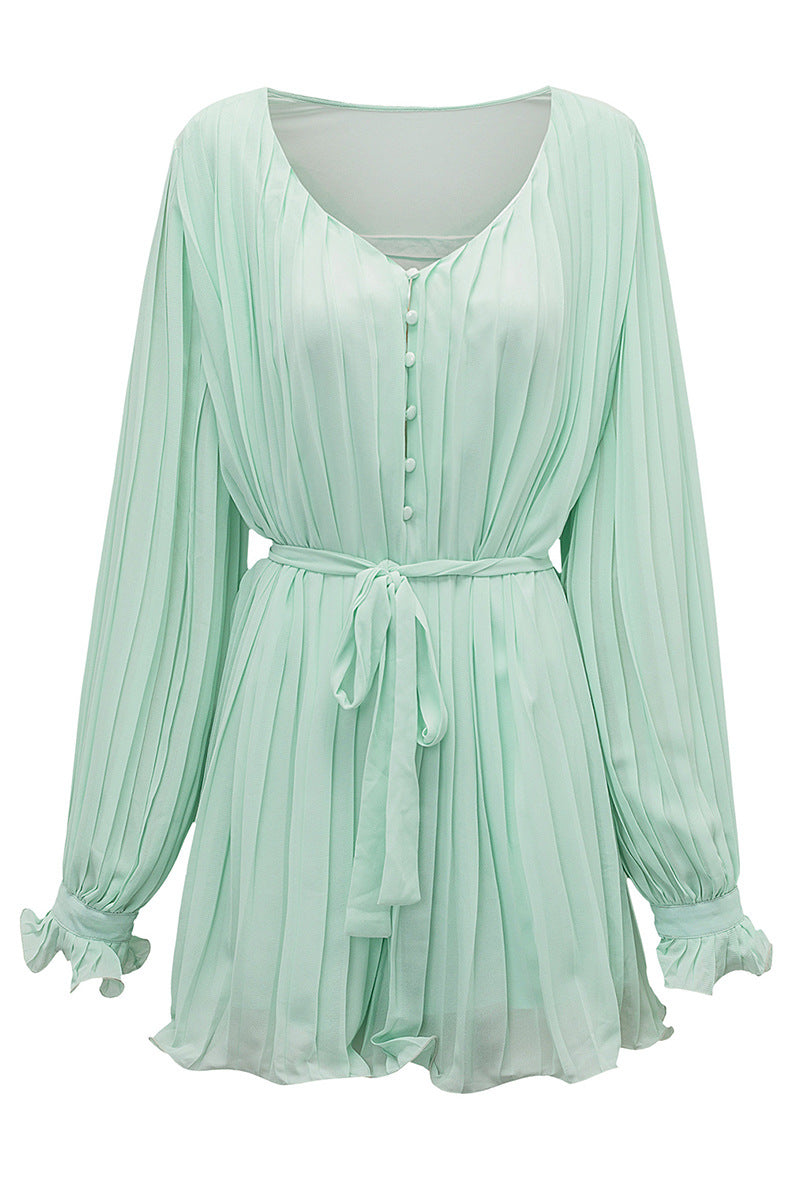 Lace-Up V-Neck Ruffle Dress