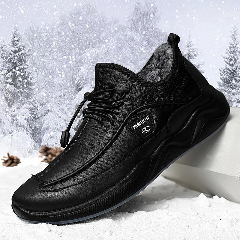 Men's Plush Lining Warm Elastic Lace Non Slip Casual Leather Shoes