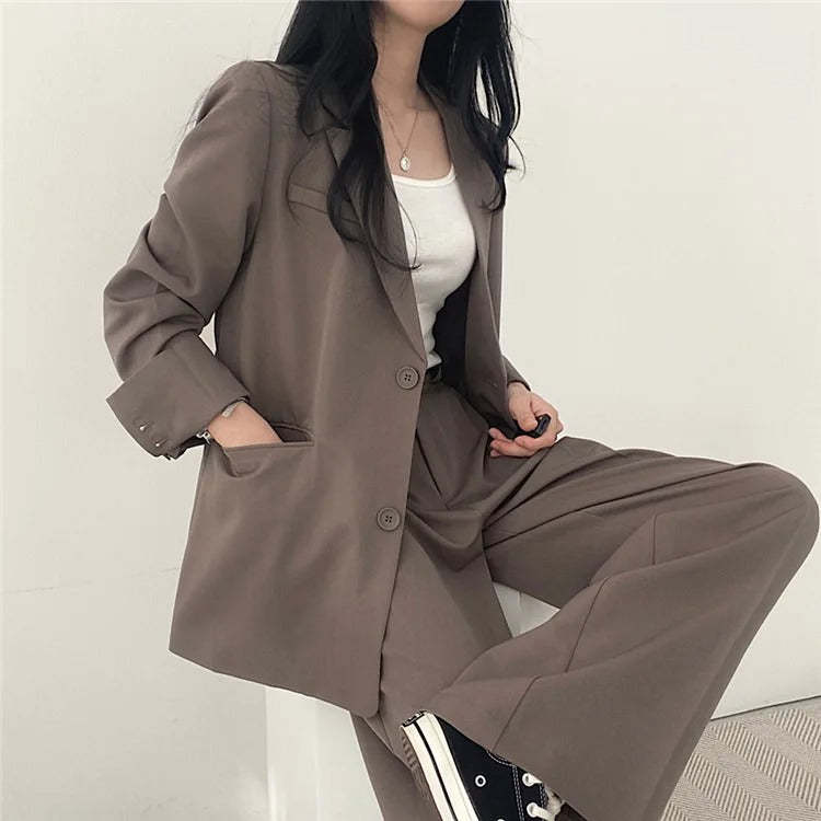 Plain Blazer and Straight Fit Pants Set