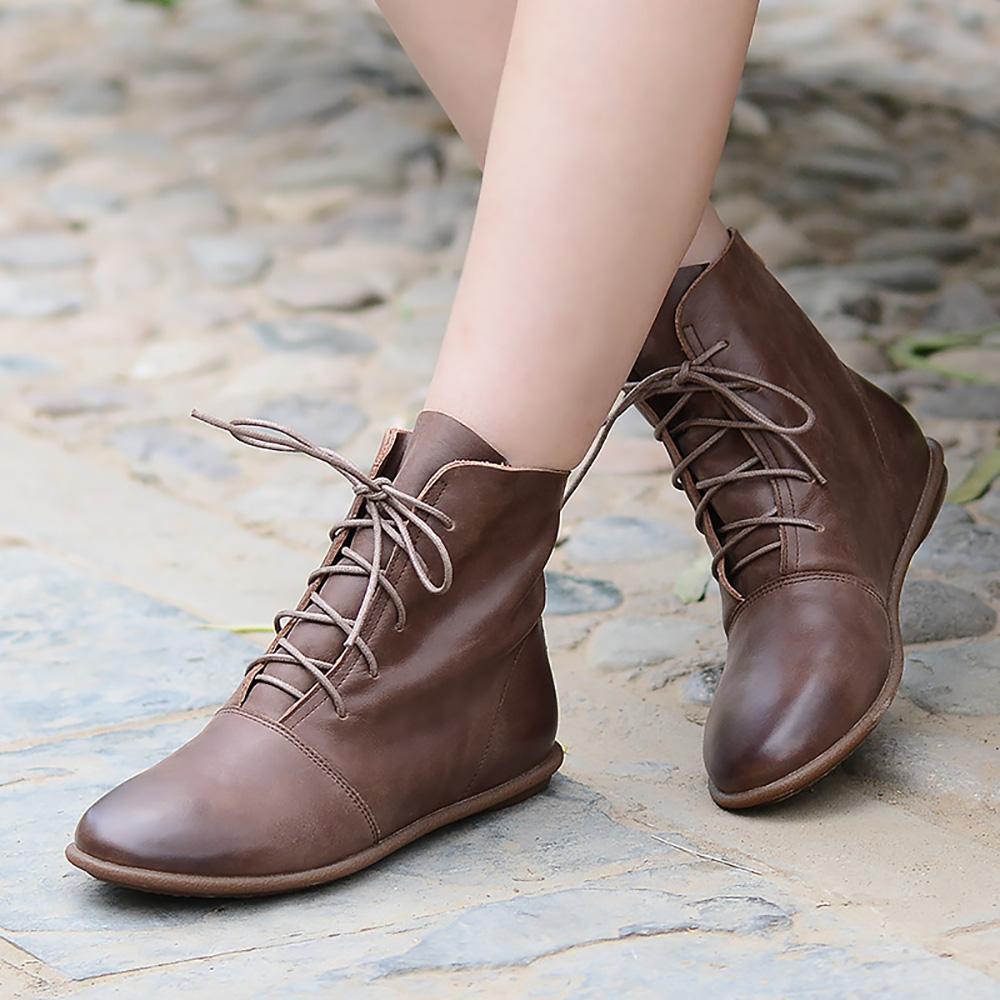 Oxfords For Women Lace Up Flat Sole Ankle Boots Handmade Waxing Leathe