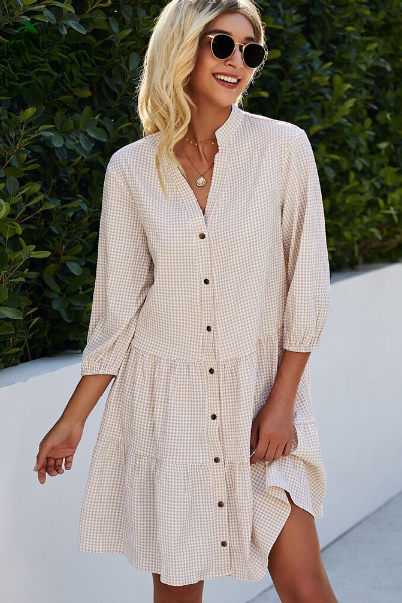 Checked Shirt Dress With Mao Collar