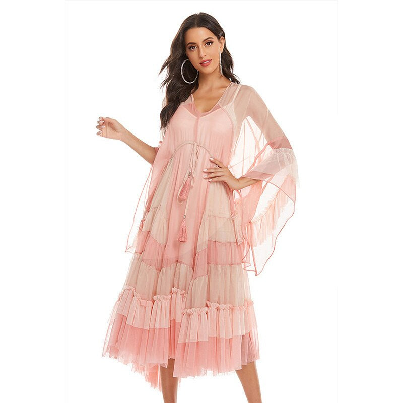 hemian Pink Mesh Maxi Dress