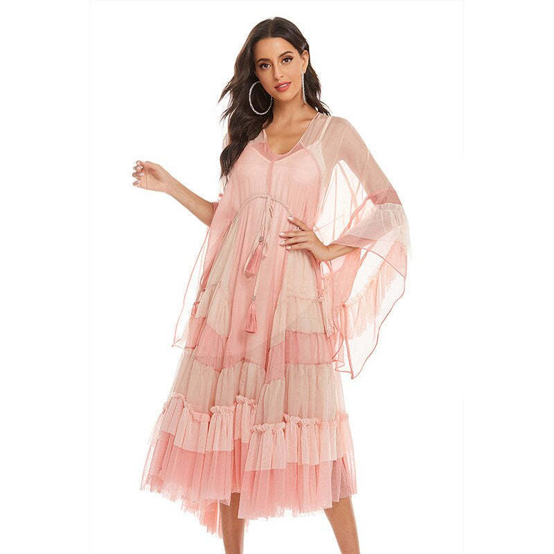 hemian Pink Mesh Maxi Dress