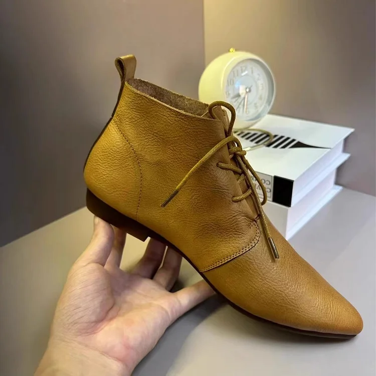 Oxfords For Women Lace Up Flat Sole Handmade Waxing Leather Ankle Boots
