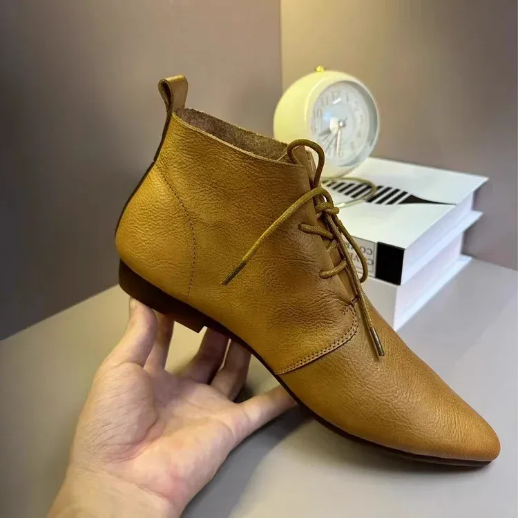 Oxfords For Women Lace Up Flat Sole Handmade Waxing Leather Ankle Boots