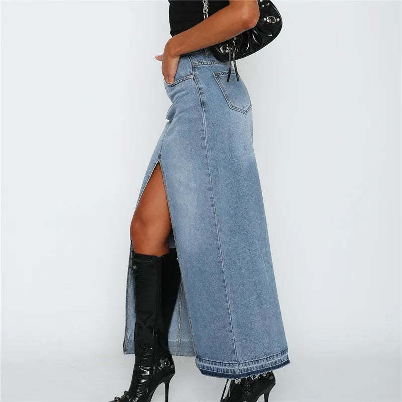 Slit-Front Denim Maxi Skirt