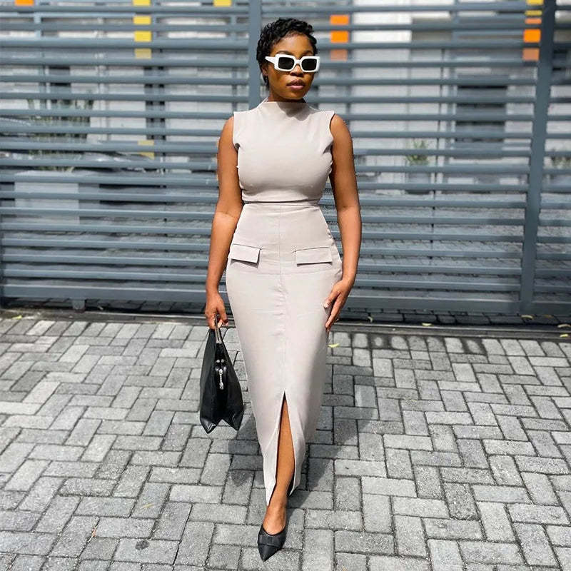 Two-Piece Midi Dress Set with Pocket Detail