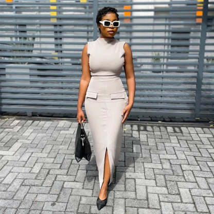 Two-Piece Midi Dress Set with Pocket Detail