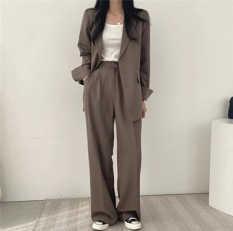 Plain Blazer and Straight Fit Pants Set