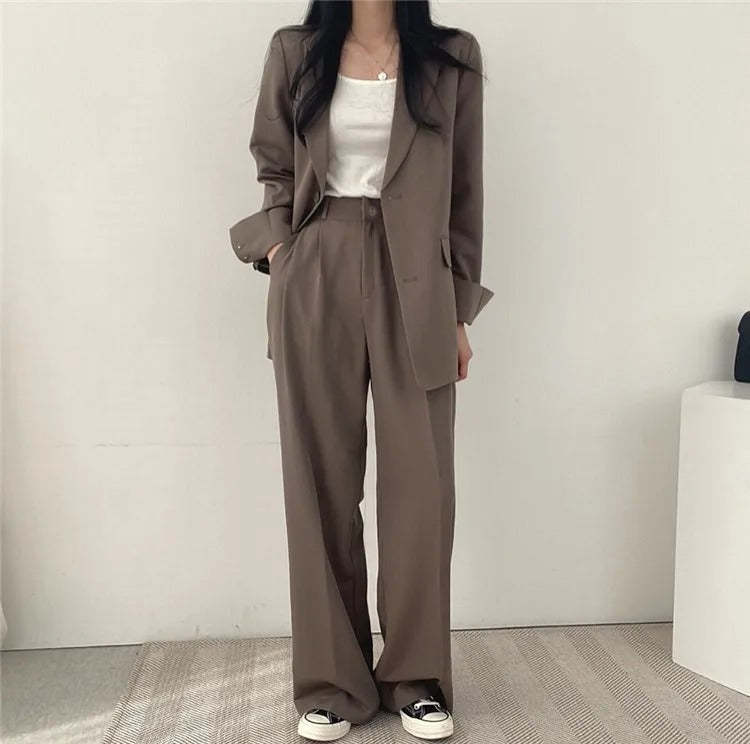 Plain Blazer and Straight Fit Pants Set