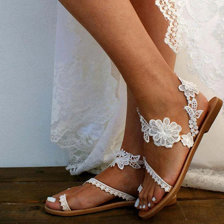 Women White Lace Boho Flat Sandals Beach Wedding Sandals Flower Pattern Slippers