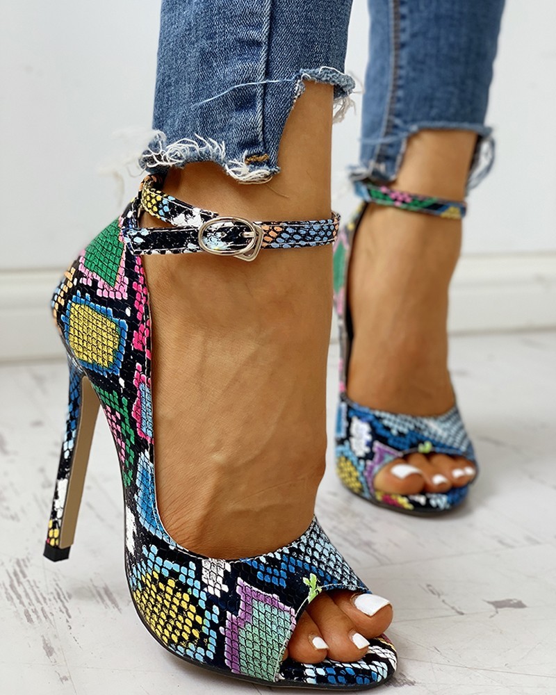 Peep Toe Colours Snakeskin Print Thin Heels