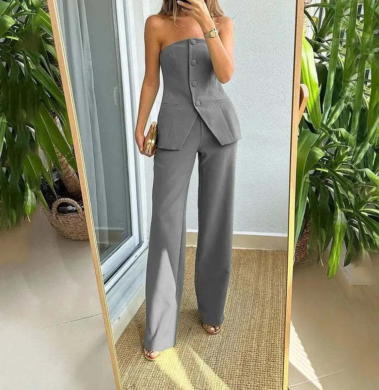 Sleeveless Buttoned Top and Pants Set