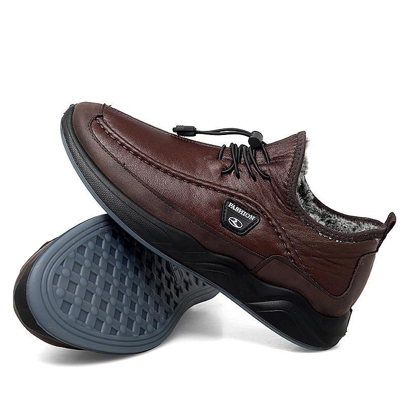 Men's Plush Lining Warm Elastic Lace Non Slip Casual Leather Shoes