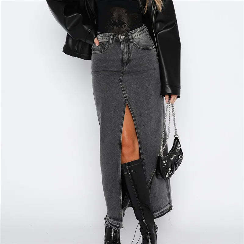 Slit-Front Denim Maxi Skirt