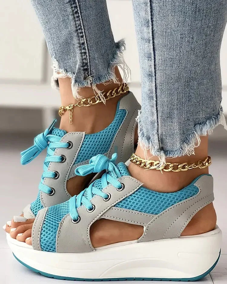 2023 New Contrast Paneled Cutout Lace-up Muffin Sandals